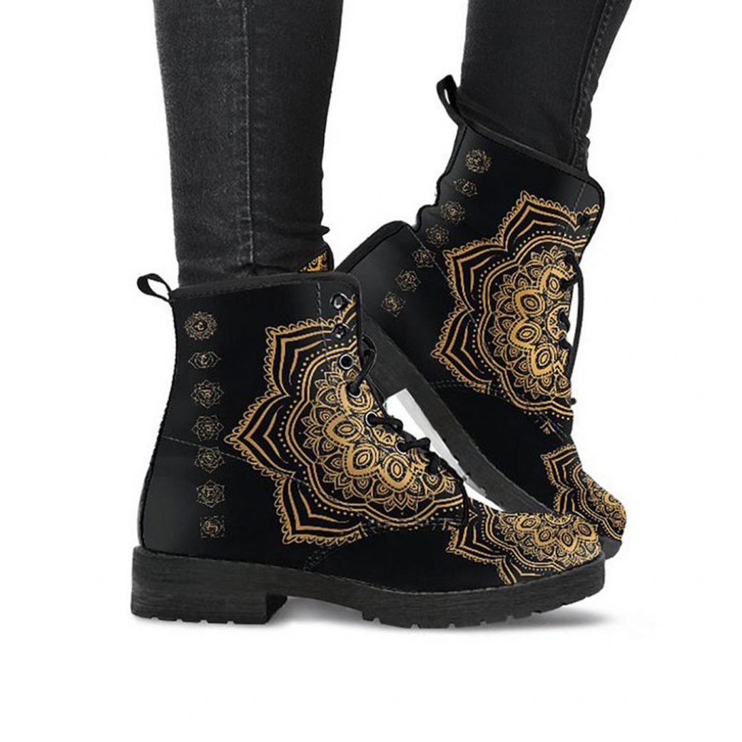 Gold Mandala Boots | Vegan Leather Lace Up Printed Boots For Women