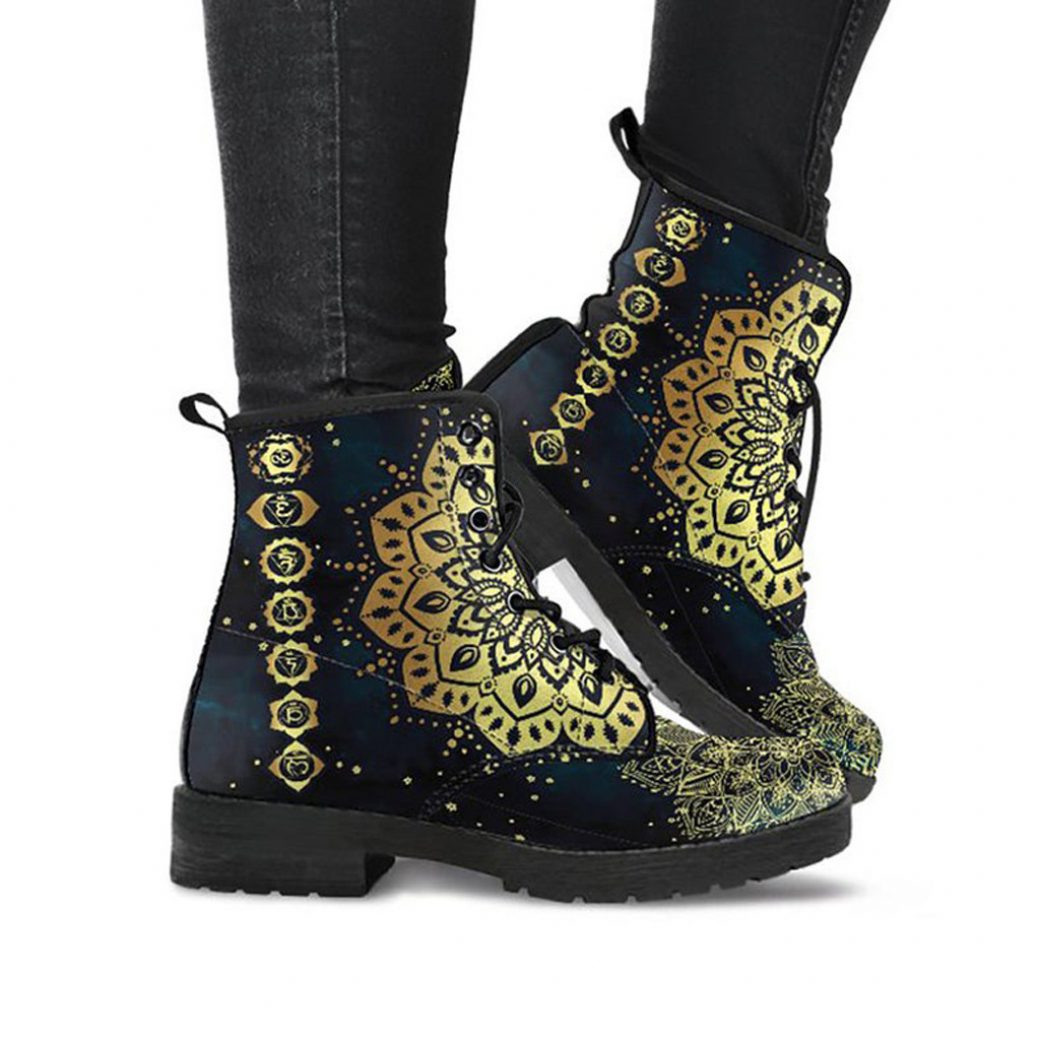 Gold Chakra Mandala Boots | Vegan Leather Lace Up Printed Boots For Women