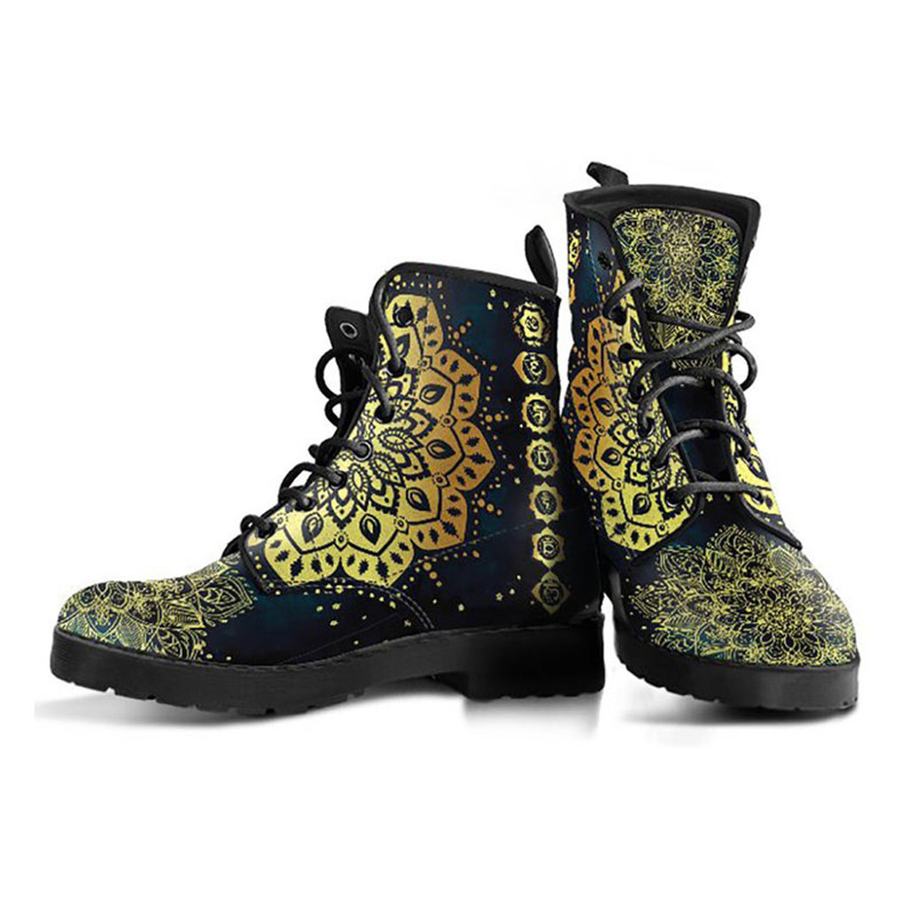 Gold Chakra Mandala Boots | Vegan Leather Lace Up Printed Boots For Women