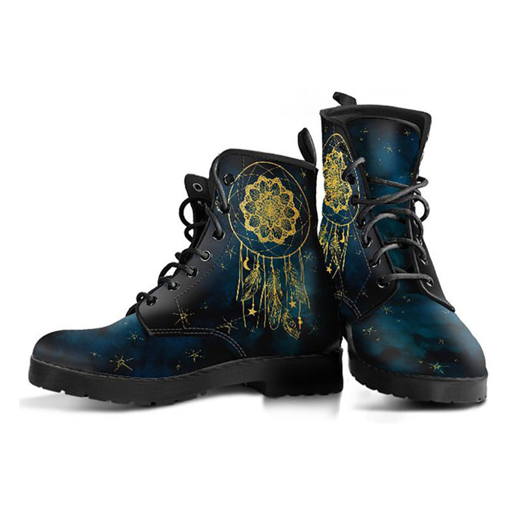 Gold Dream Catcher Boots | Vegan Leather Lace Up Printed Boots For Women