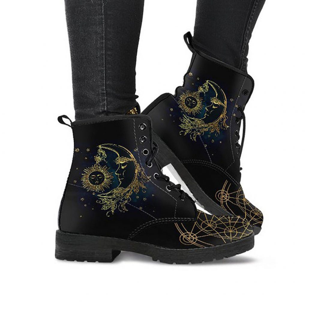 Gold Sun & Moon Boots | Vegan Leather Lace Up Printed Boots For Women