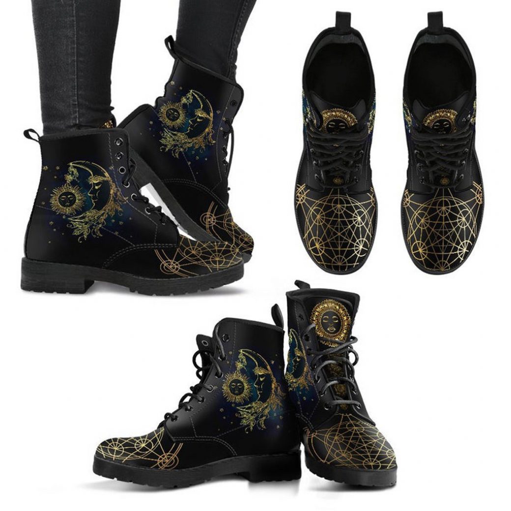 Gold Sun & Moon Boots | Vegan Leather Lace Up Printed Boots For Women