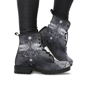 Grey Dragonfly Boots | Vegan Leather Lace Up Printed Boots For Women