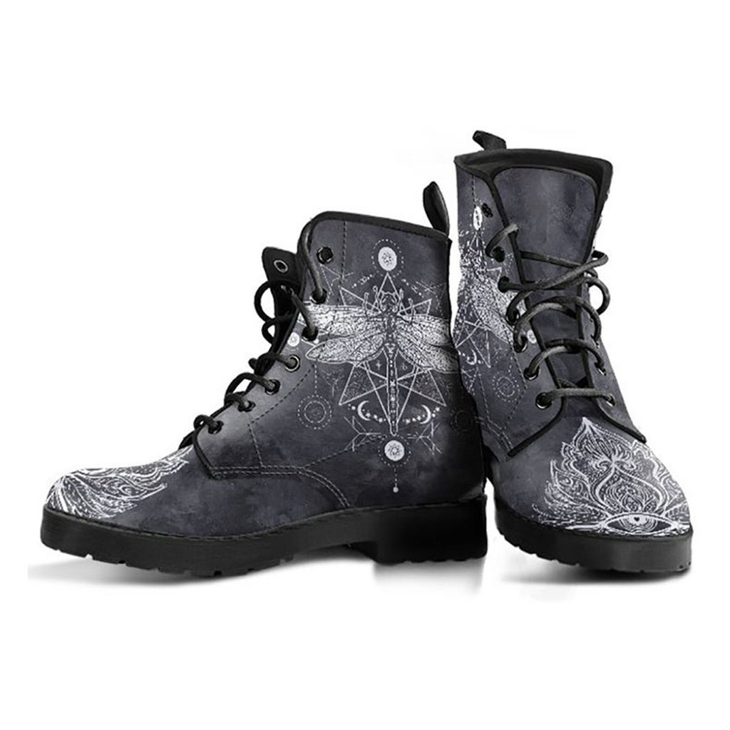 Grey Dragonfly Boots | Vegan Leather Lace Up Printed Boots For Women