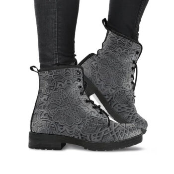 Grey Mandala Boots | Vegan Leather Lace Up Printed Boots For Women