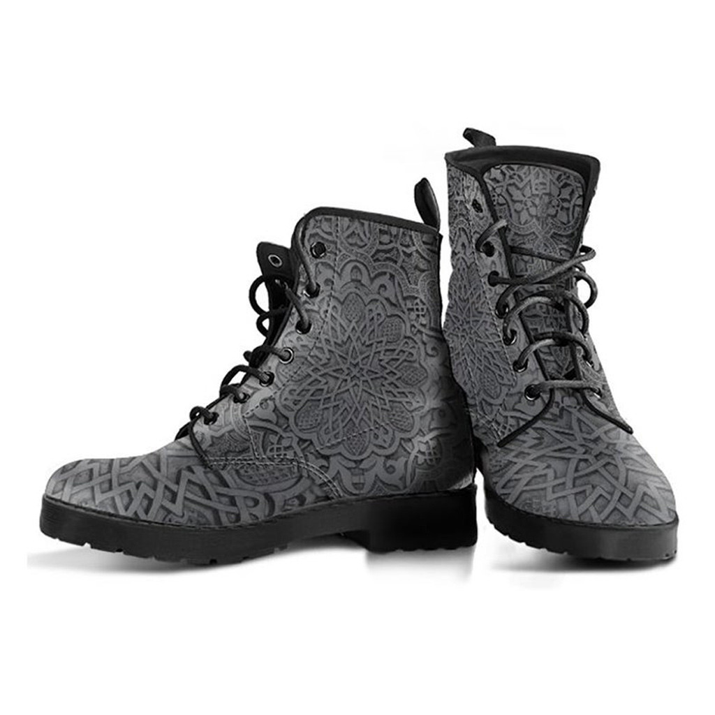 Grey Mandala Boots | Vegan Leather Lace Up Printed Boots For Women