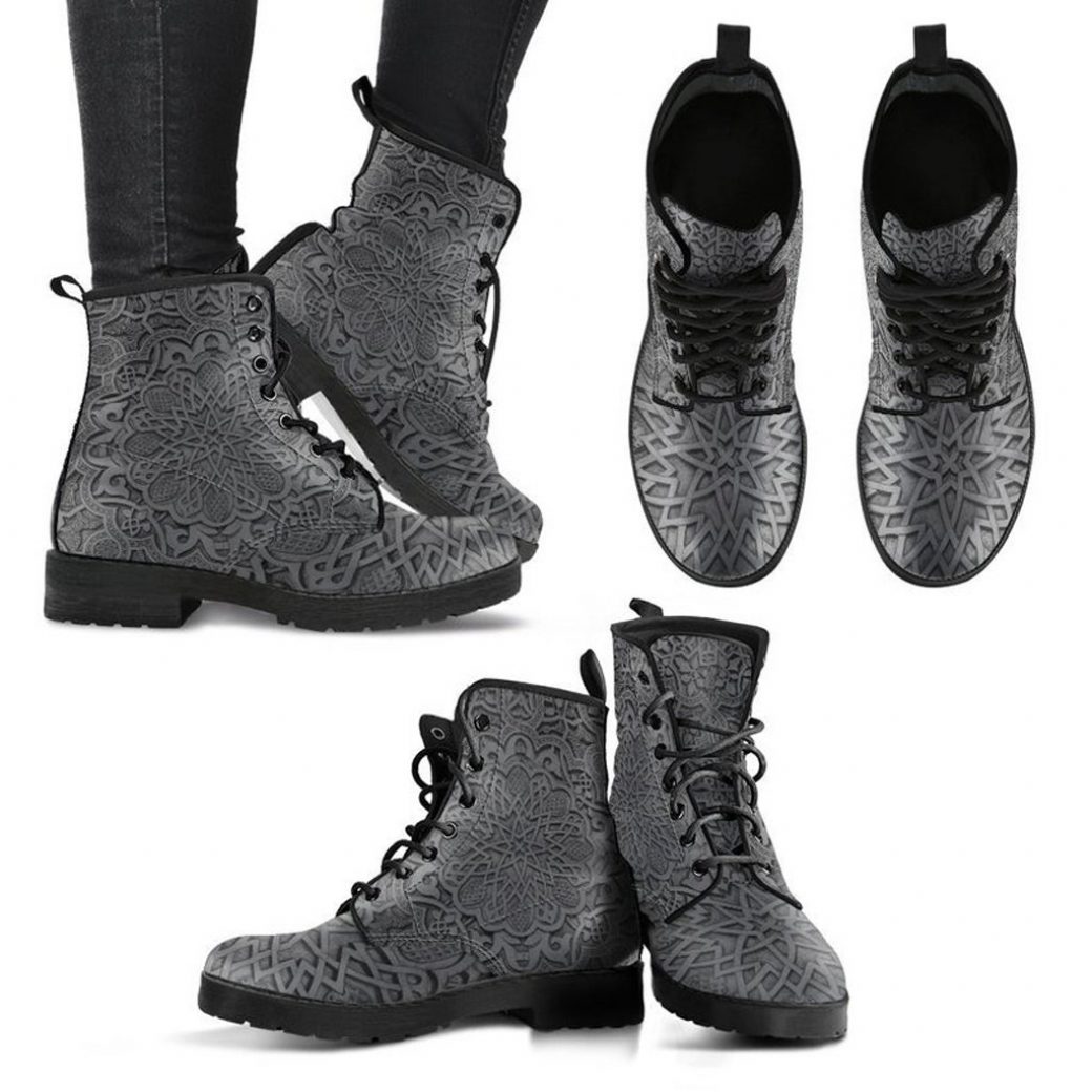 Grey Mandala Boots | Vegan Leather Lace Up Printed Boots For Women