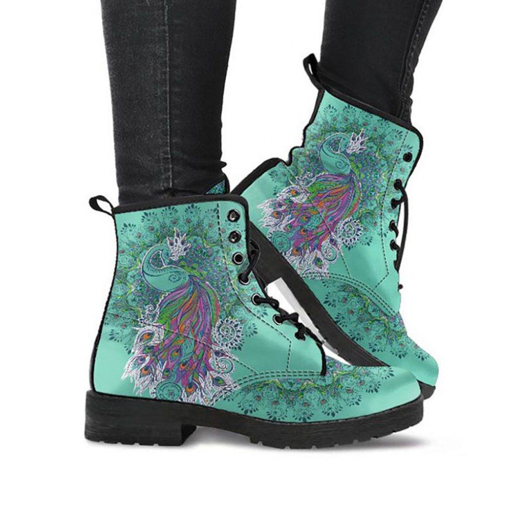 Teal Boho Boots Vegan Leather Lace Up Printed Boots For