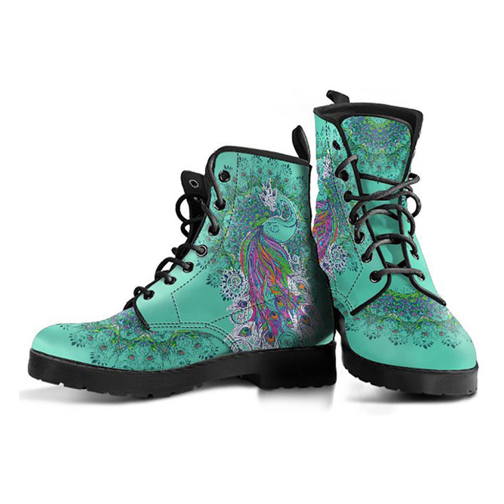 Teal Boho Boots | Vegan Leather Lace Up Printed Boots For Women