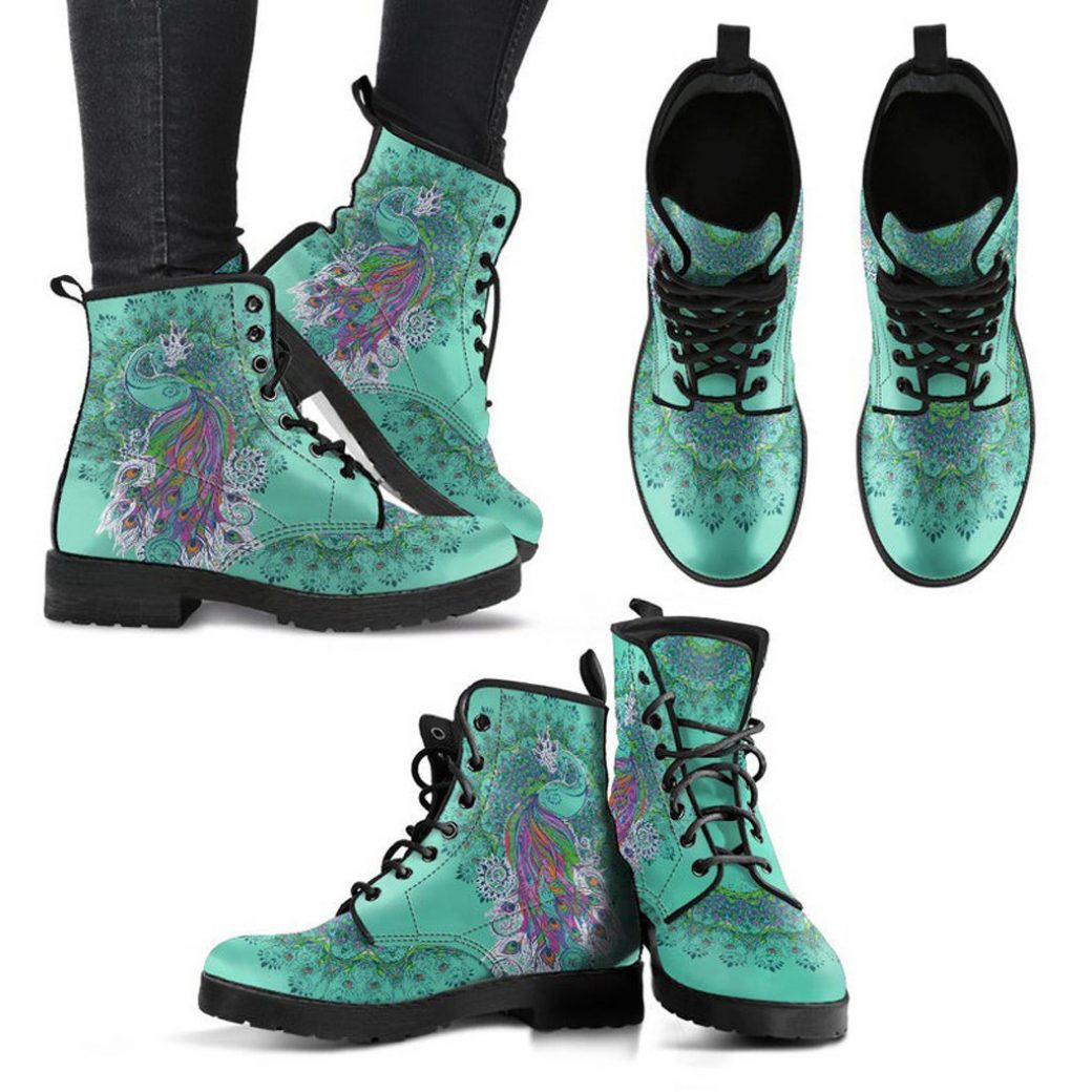 Teal Boho Boots | Vegan Leather Lace Up Printed Boots For Women