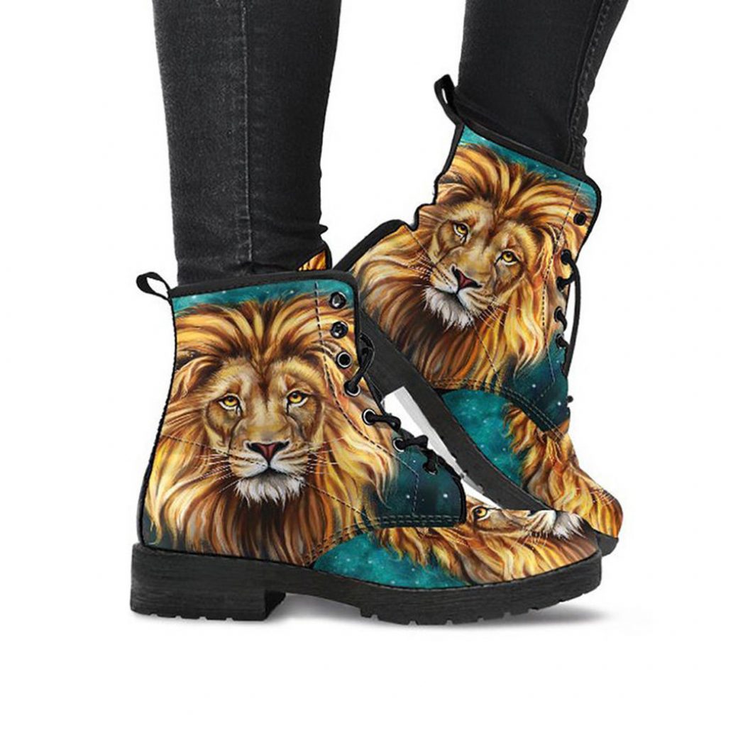 Lion Print Boots | Vegan Leather Lace Up Printed Boots For Women