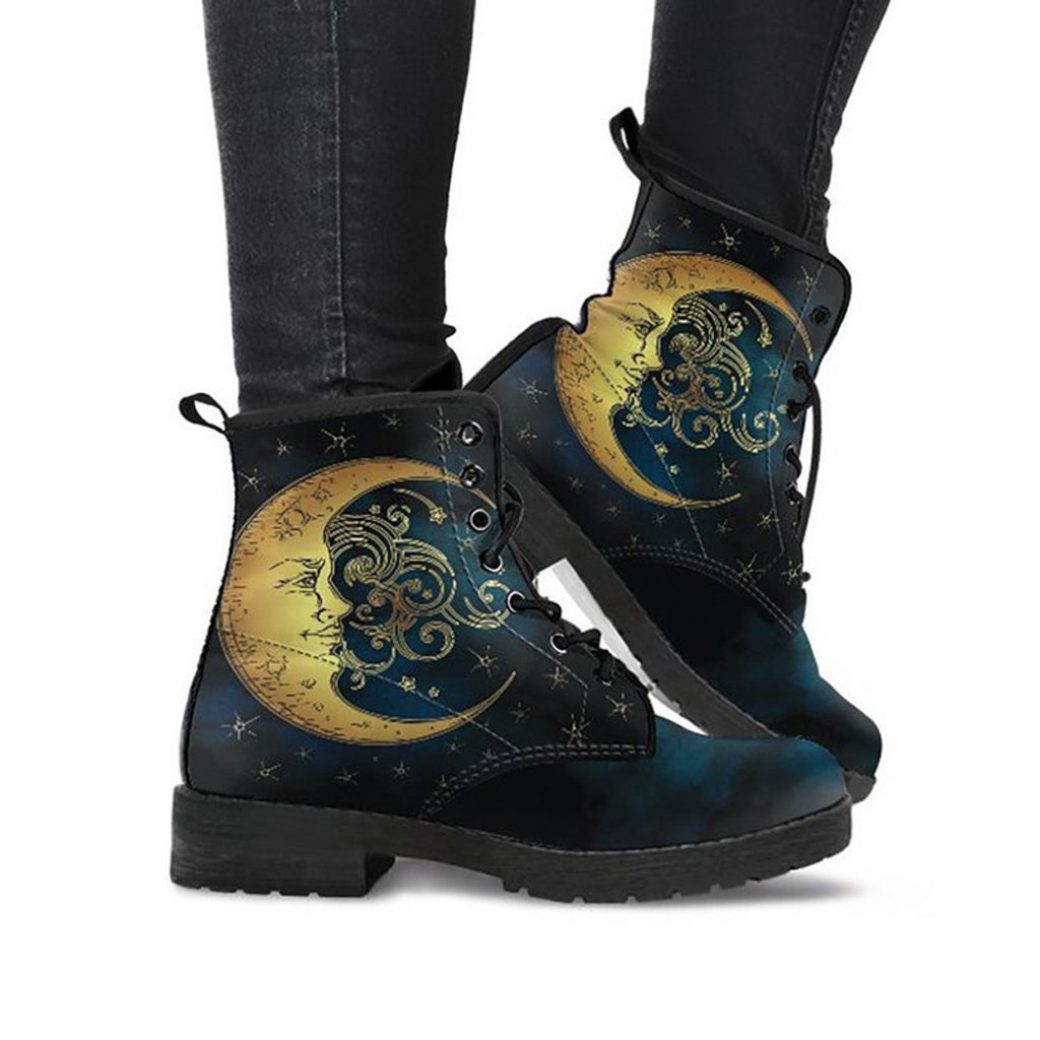 Moon Print Boots Vegan Leather Lace Up Printed Boots For Women