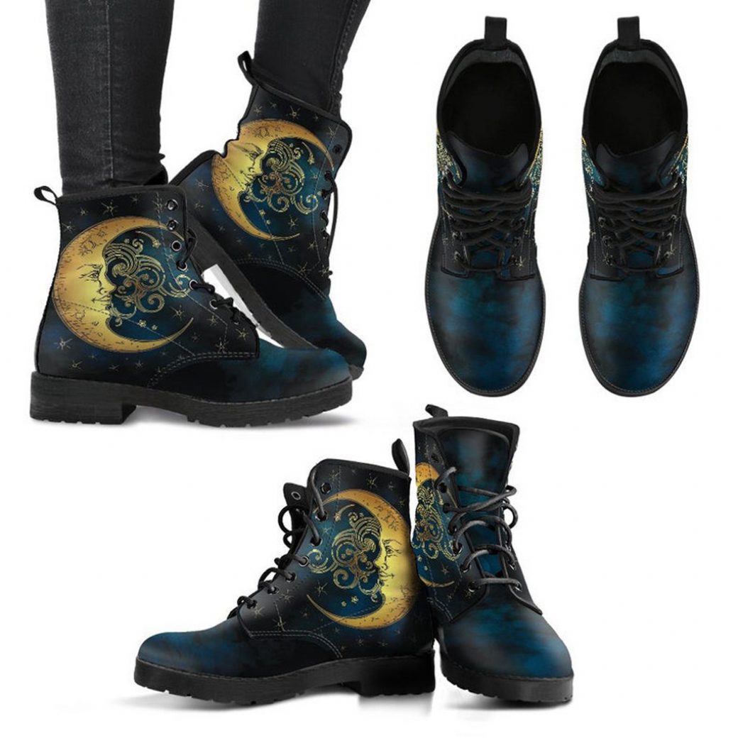 Moon Print Boots Vegan Leather Lace Up Printed Boots For Women