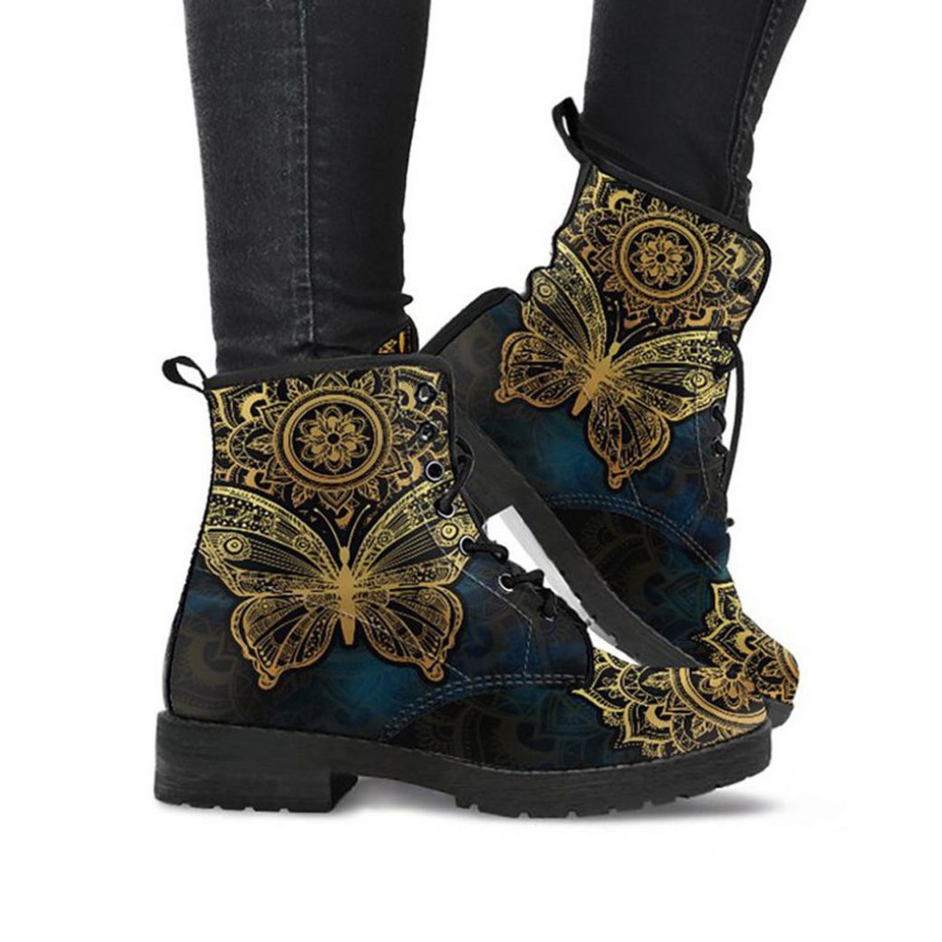 Golden Butterfly Boots | Vegan Leather Lace Up Printed Boots For Women