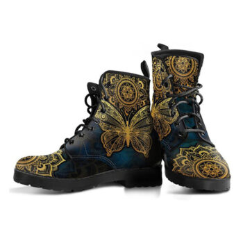 Golden Butterfly Boots | Vegan Leather Lace Up Printed Boots For Women