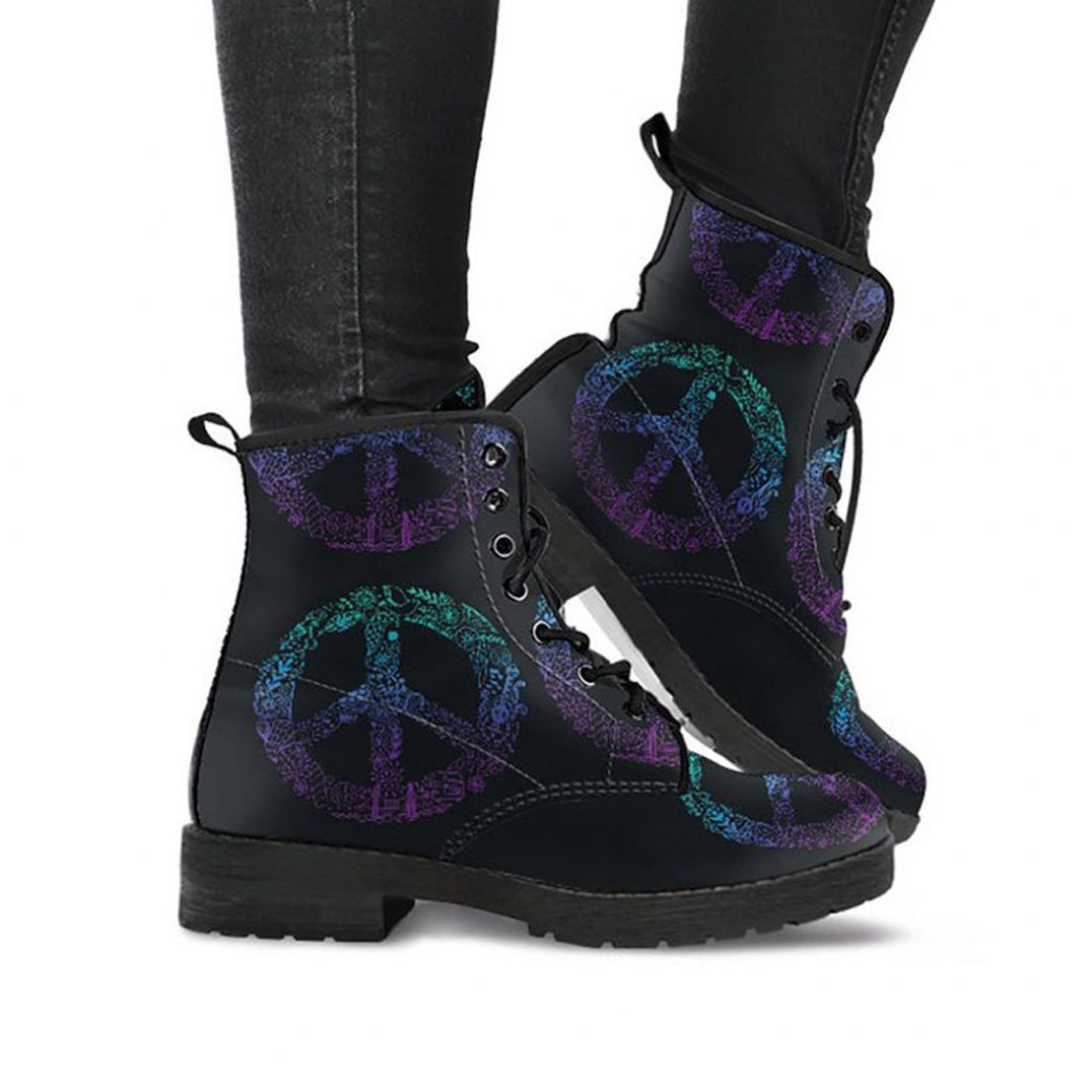 Black Peace Boots | Vegan Leather Lace Up Printed Boots For Women