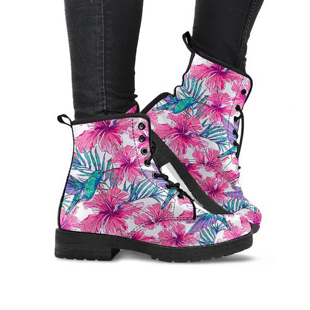 Pink Flower Boots | Vegan Leather Lace Up Printed Boots For Women