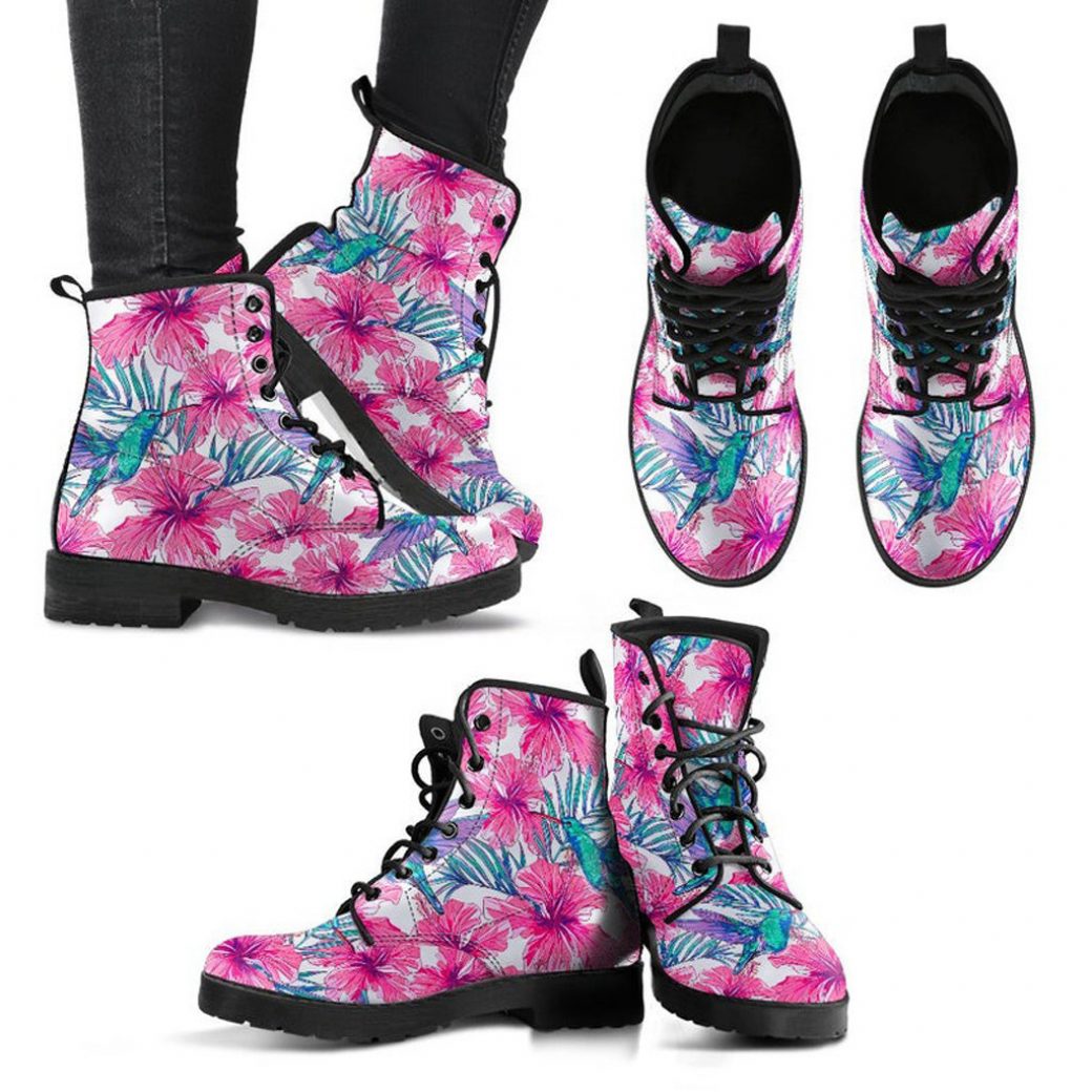 Pink Flower Boots | Vegan Leather Lace Up Printed Boots For Women