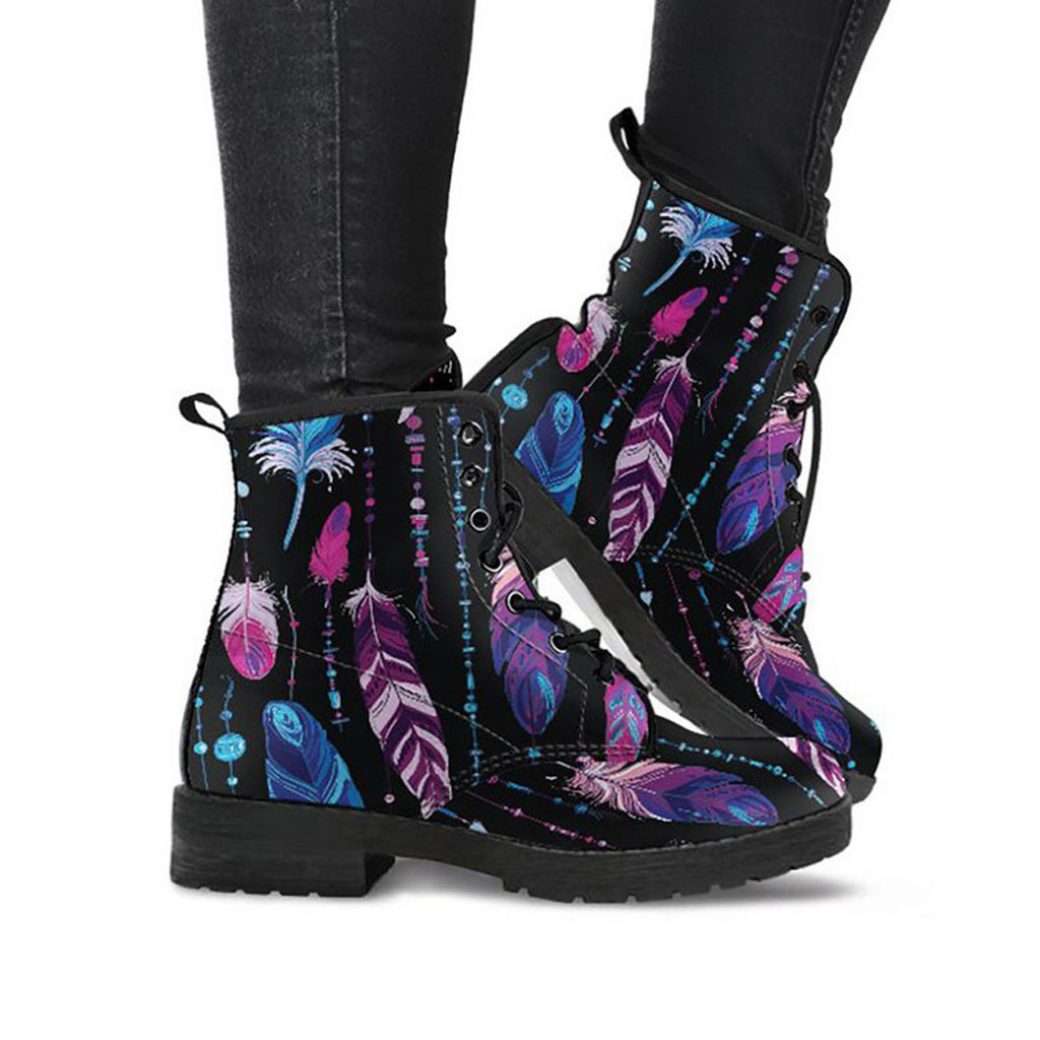 Boho Feathers Boots | Vegan Leather Lace Up Printed Boots For Women