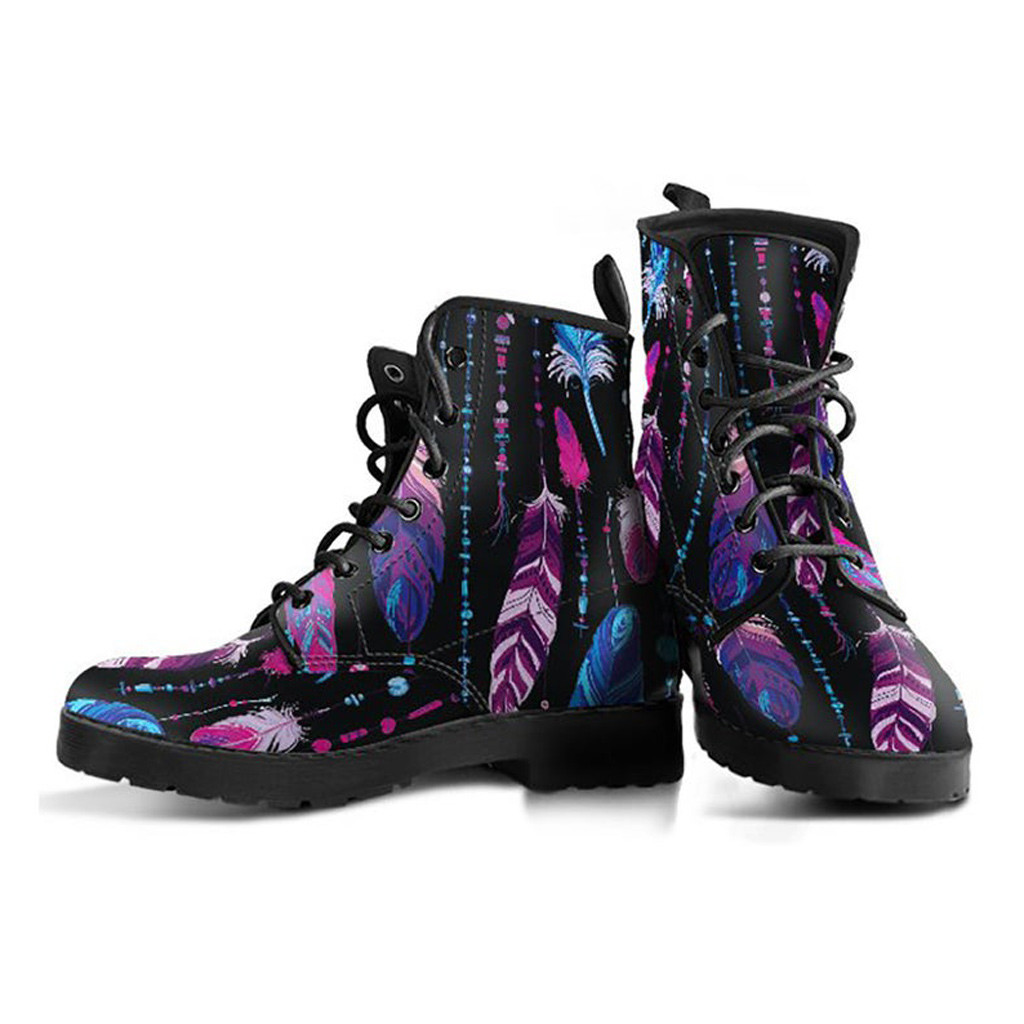 Feather Print Boots | Vegan Leather Lace Up Printed Boots For Women