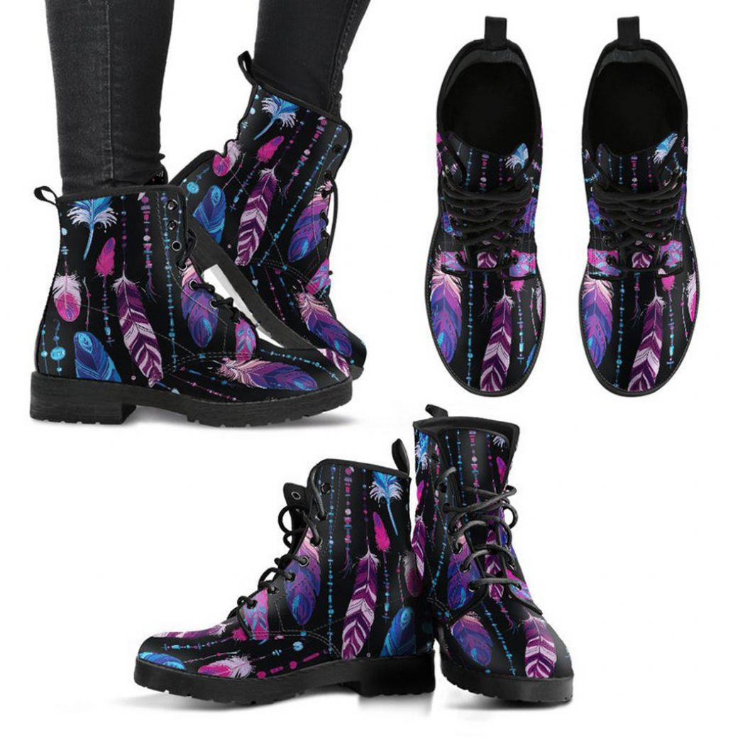 Boho Feathers Boots | Vegan Leather Lace Up Printed Boots For Women