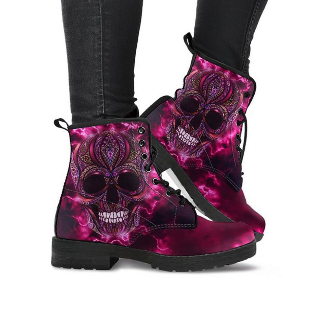 Pink Skull Boots | Vegan Leather Lace Up Printed Boots For Women