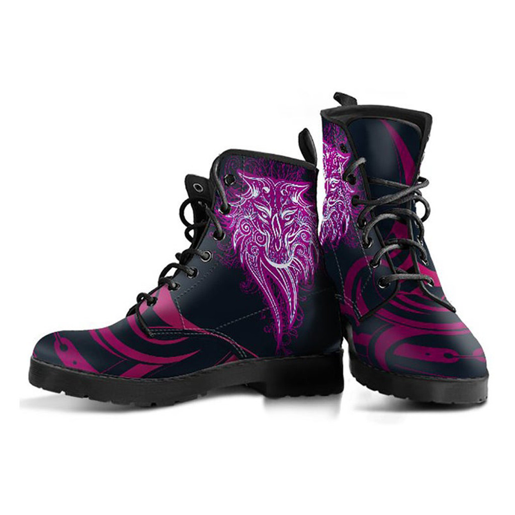 Pink Purple Wolf Boots | Vegan Leather Lace Up Printed Boots For Women