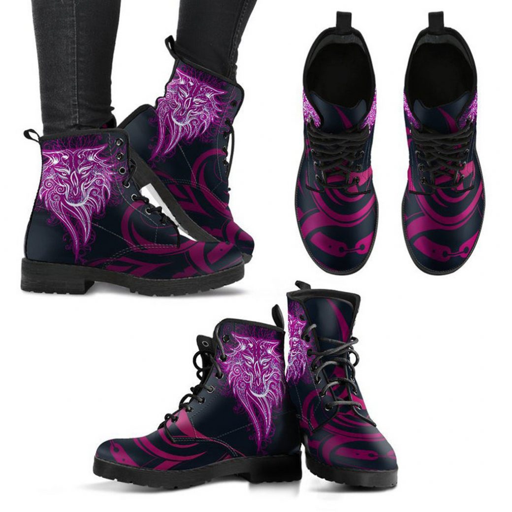 Pink Purple Wolf Boots | Vegan Leather Lace Up Printed Boots For Women