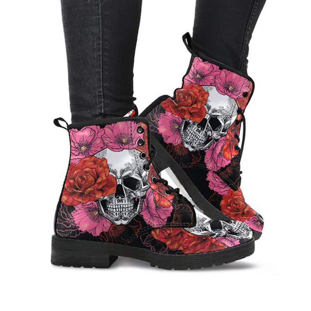 Skull Roses Boots | Vegan Leather Lace Up Printed Boots For Women