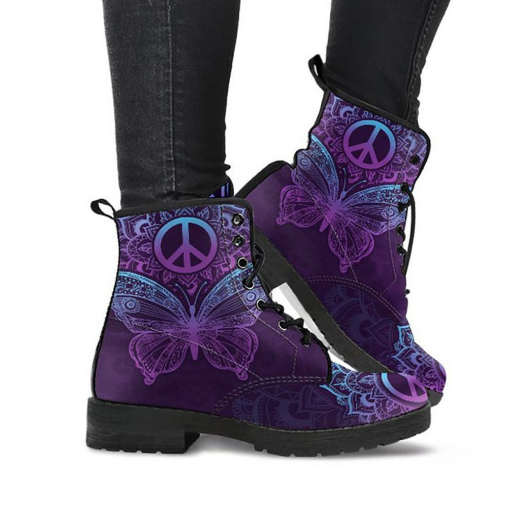 Purple Butterfly Boots | Vegan Leather Lace Up Printed Boots For Women