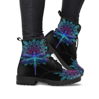 Leather Dragonfly Boots | Vegan Leather Lace Up Printed Boots For Women