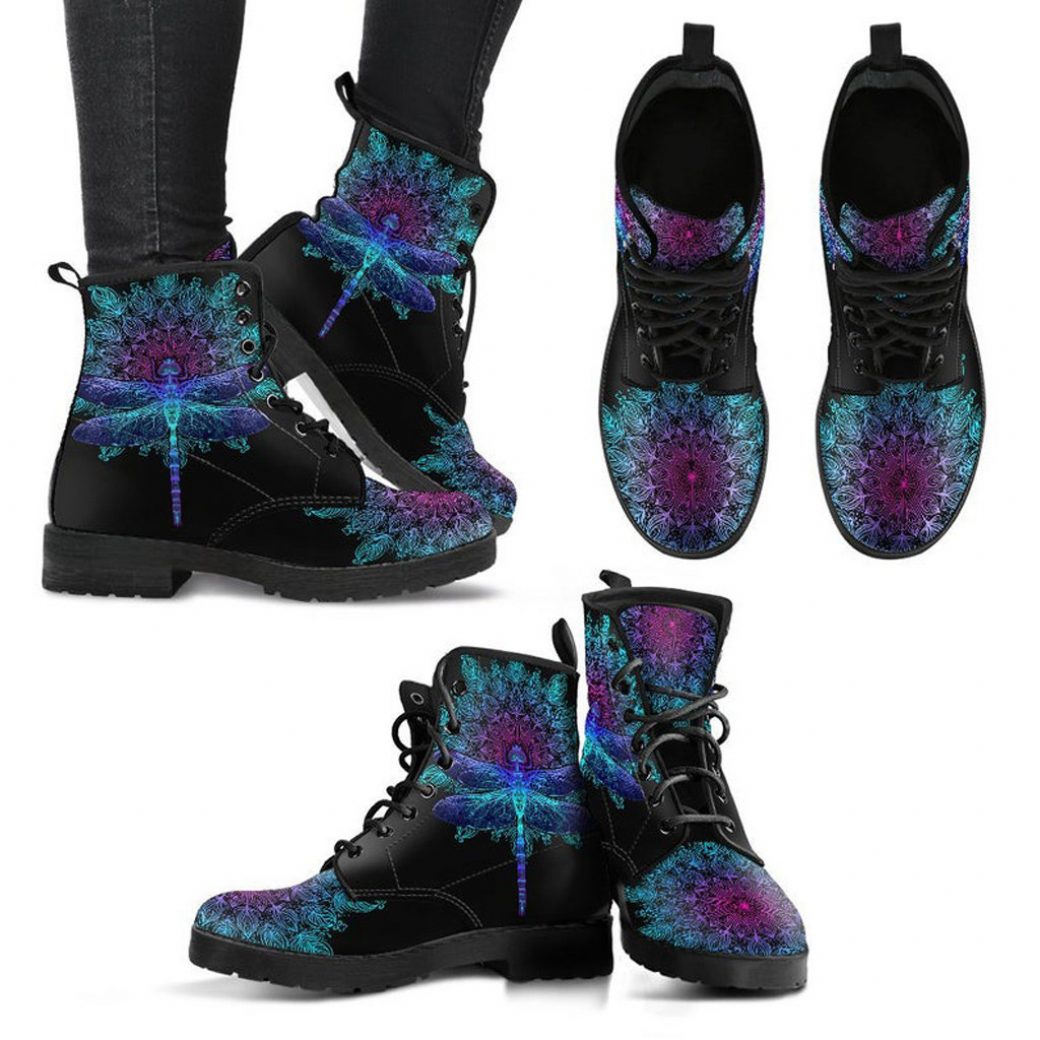 Leather Dragonfly Boots | Vegan Leather Lace Up Printed Boots For Women