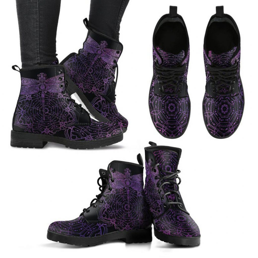 Dragonfly Mandala Boots | Vegan Leather Lace Up Printed Boots For Women