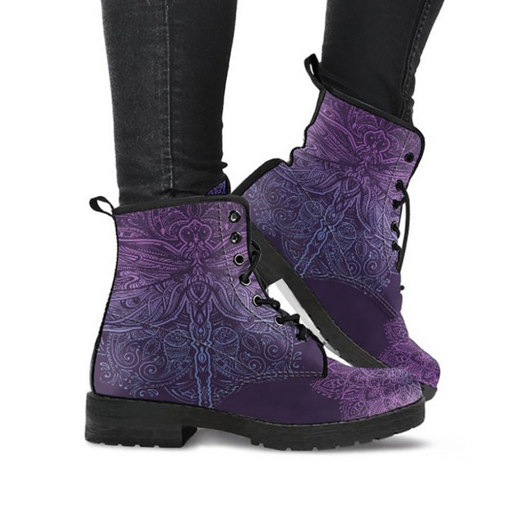Purple Dragonfly Boots | Vegan Leather Lace Up Printed Boots For Women