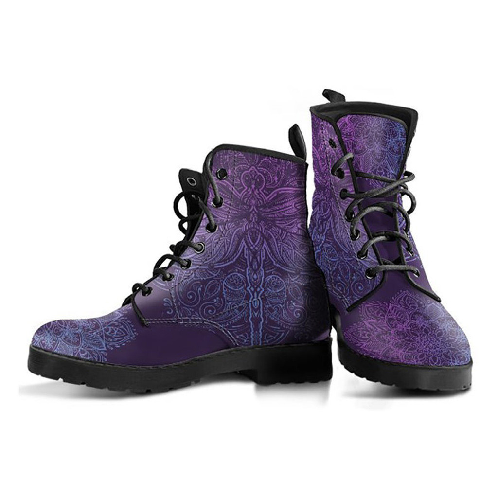Purple Dragonfly Boots | Vegan Leather Lace Up Printed Boots For Women