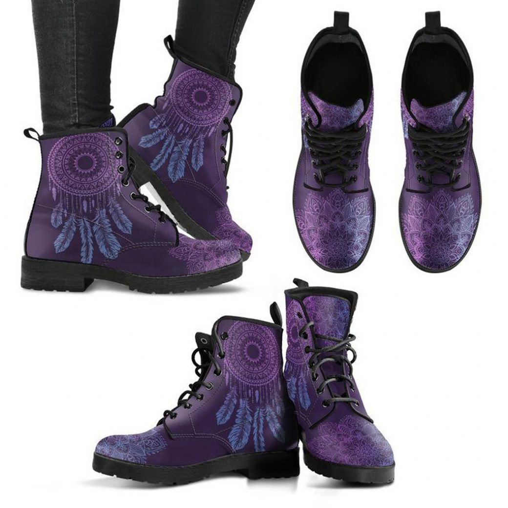 Purple Dream Catcher Boots | Vegan Leather Lace Up Printed Boots For Women
