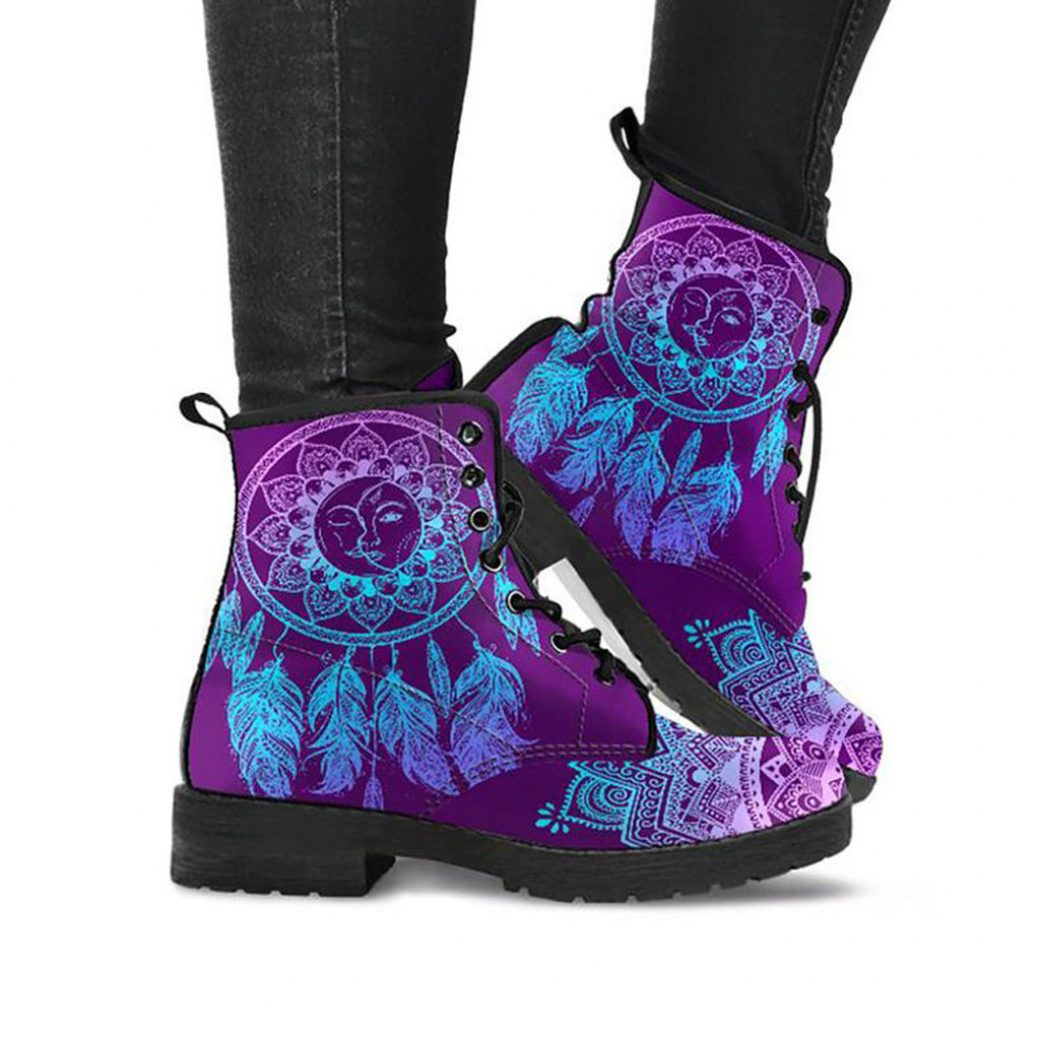 Purple Dreamcatcher Boots | Vegan Leather Lace Up Printed Boots For Women