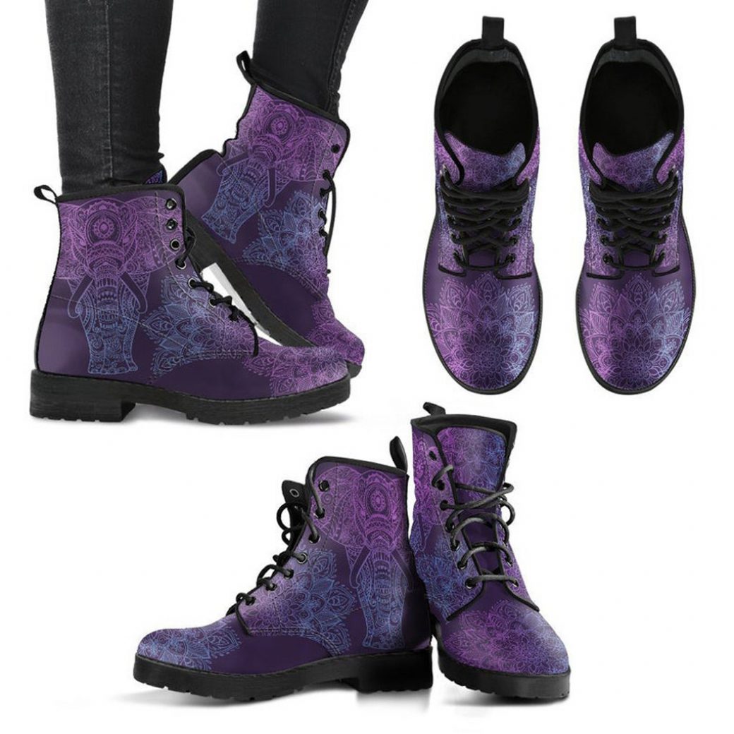 Purple Elephant Boots | Vegan Leather Lace Up Printed Boots For Women