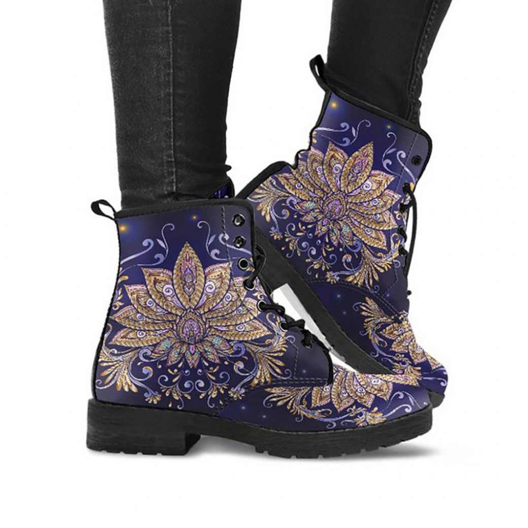 Lotus Printed Boots | Vegan Leather Lace Up Printed Boots For Women
