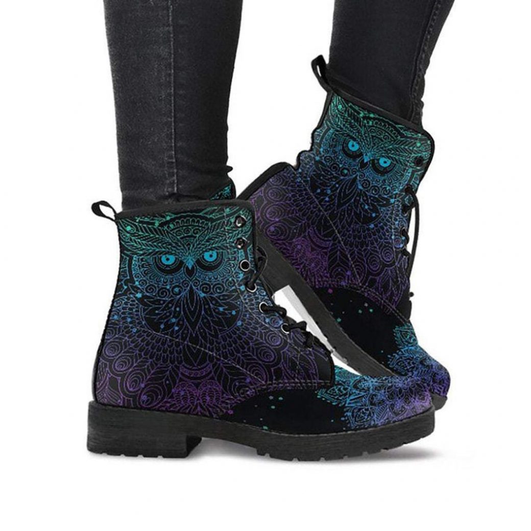 Mandala Owl Boots | Vegan Leather Lace Up Printed Boots For Women