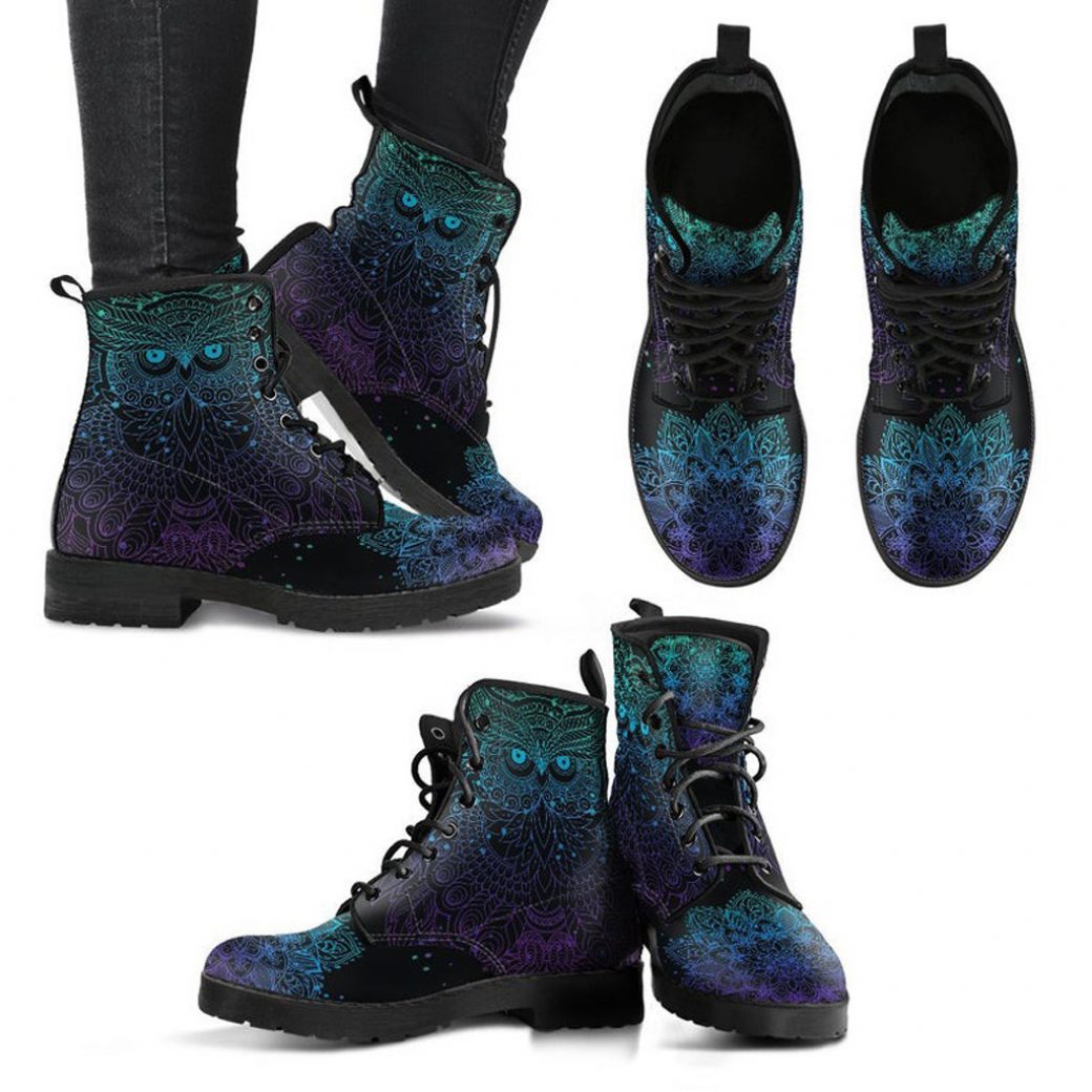 Mandala Owl Boots | Vegan Leather Lace Up Printed Boots For Women