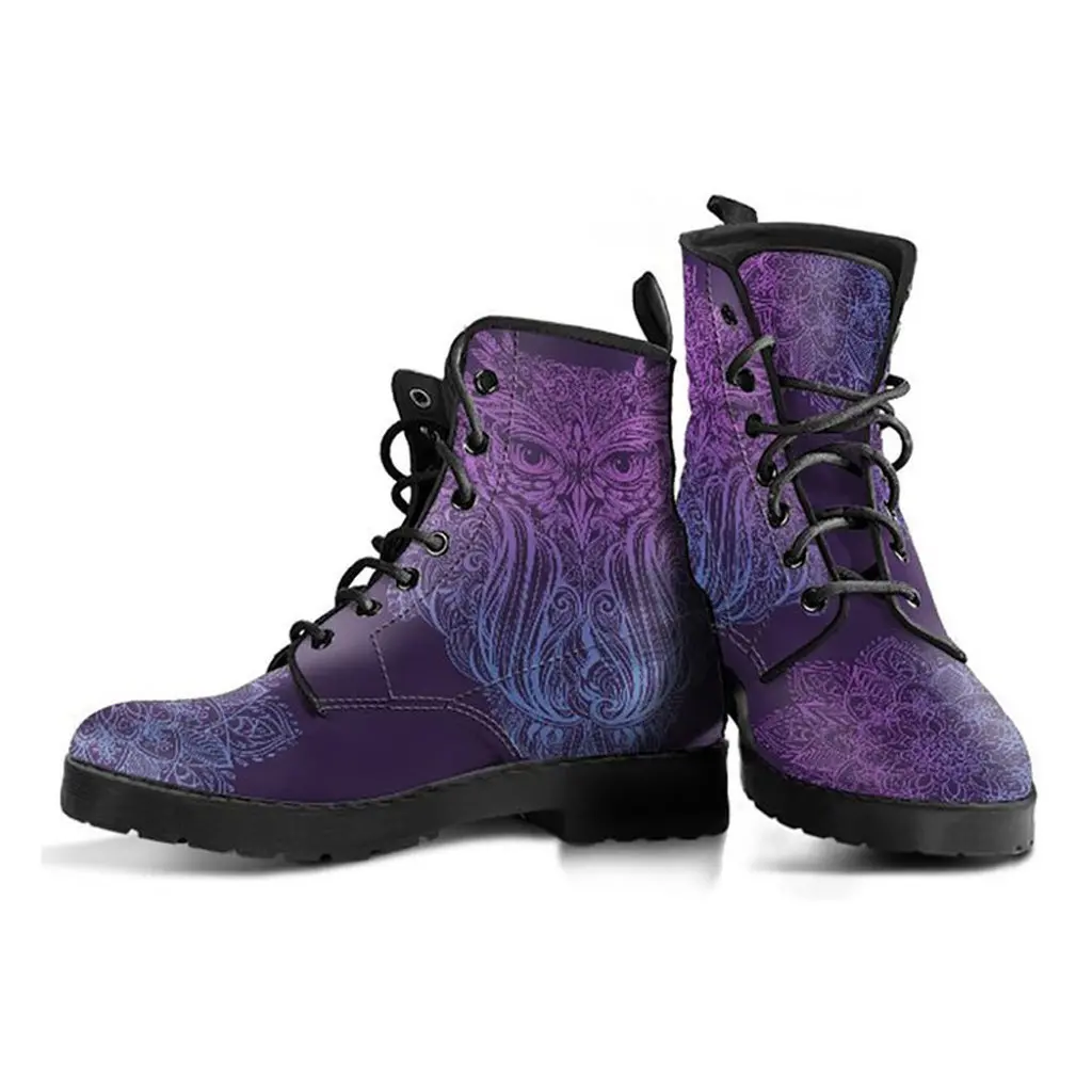 Purple Owl Boots | Vegan Leather Lace Up Printed Boots For Women