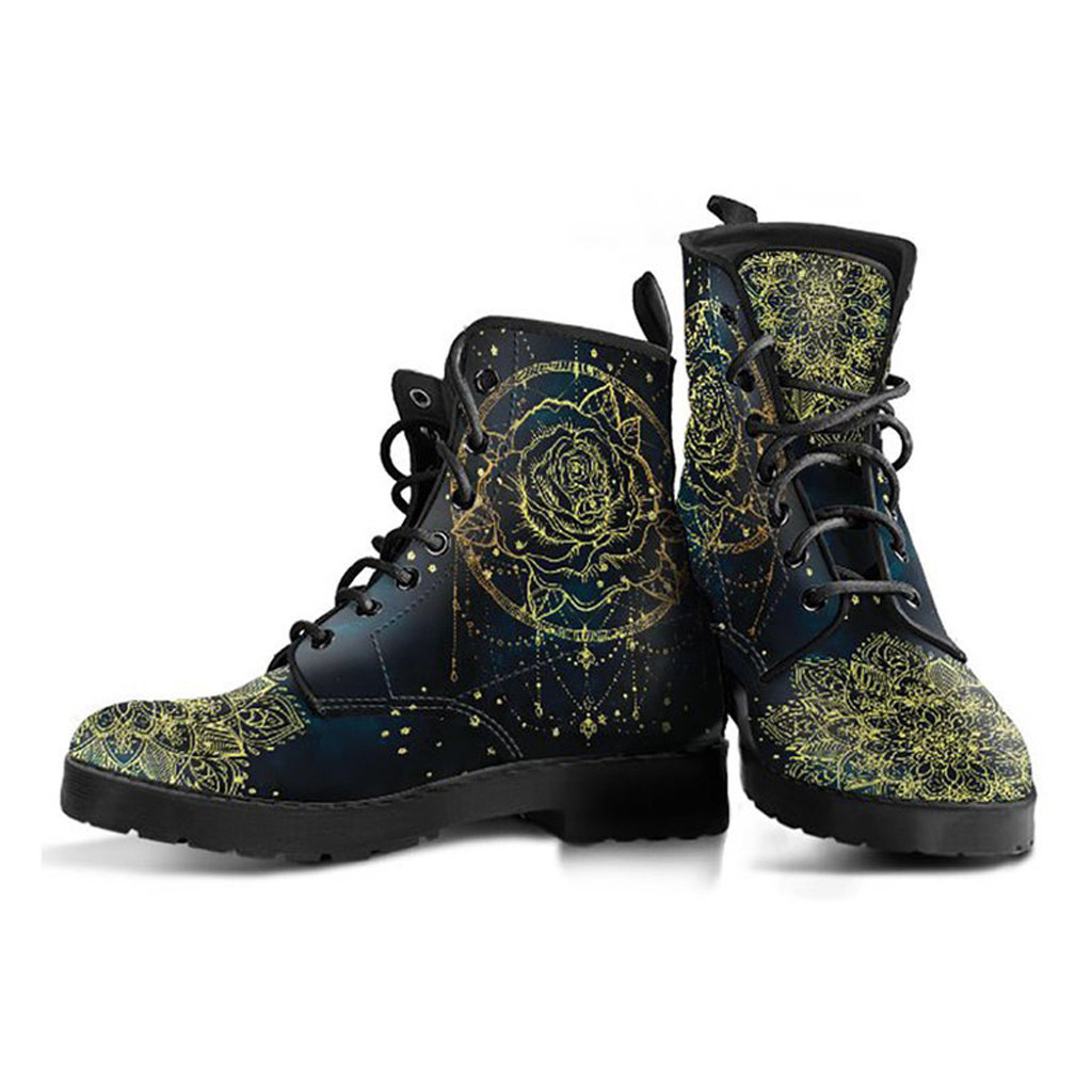 Rose Mandala Boots | Vegan Leather Lace Up Printed Boots For Women