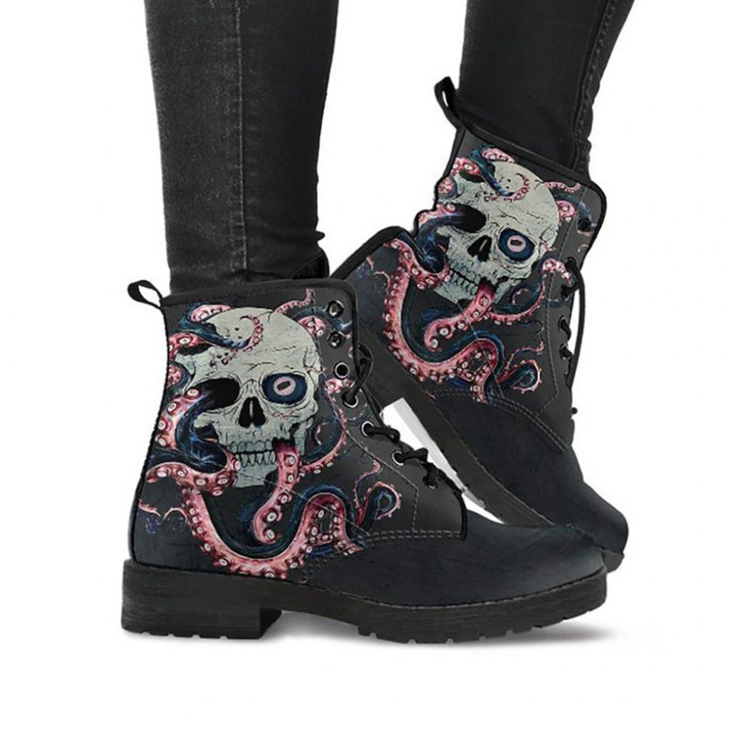 Black Skull Boots | Vegan Leather Lace Up Printed Boots For Women