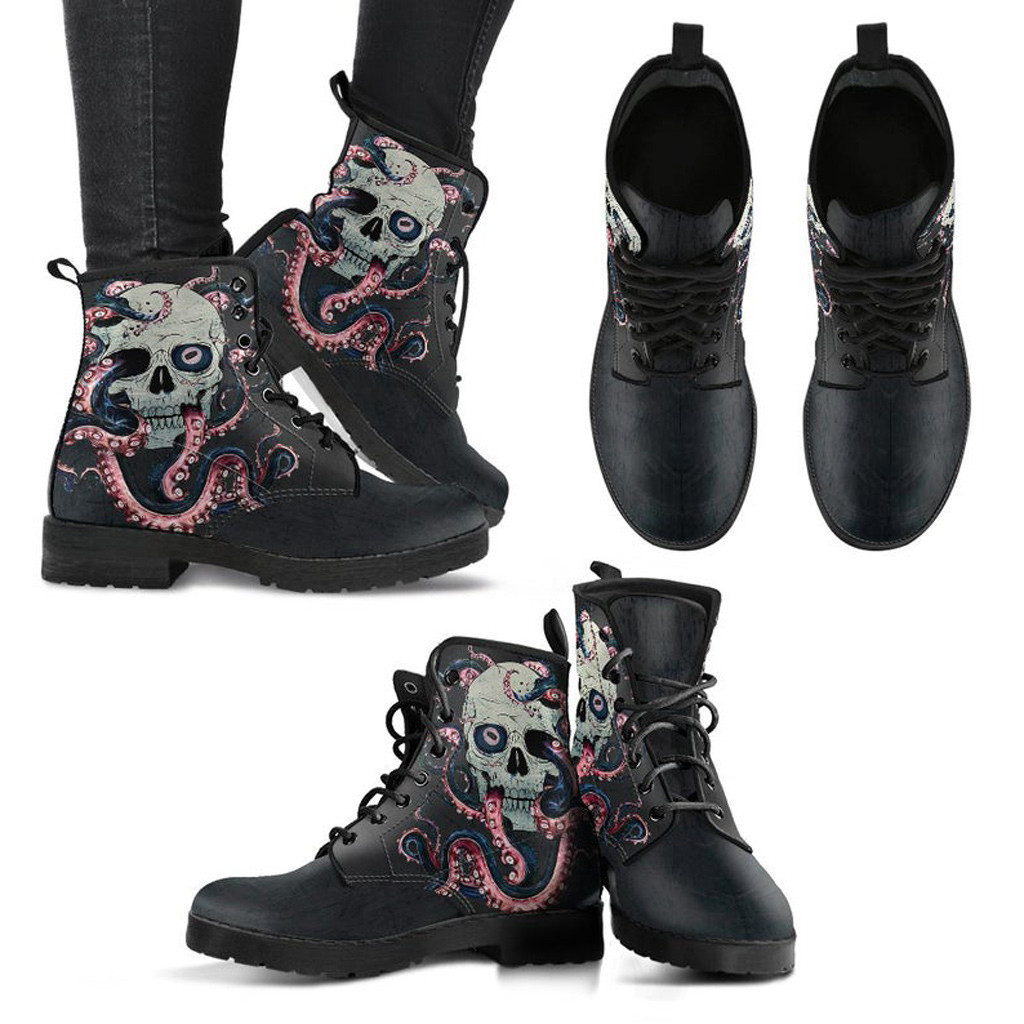 Black Skull Boots Vegan Leather Lace Up Printed Boots For Women
