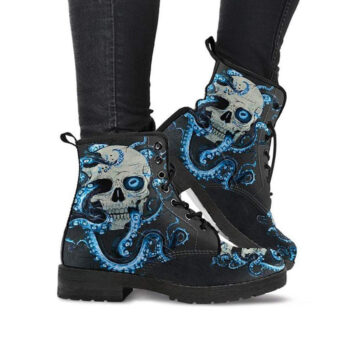 Octopus Skull Boots | Vegan Leather Lace Up Printed Boots For Women
