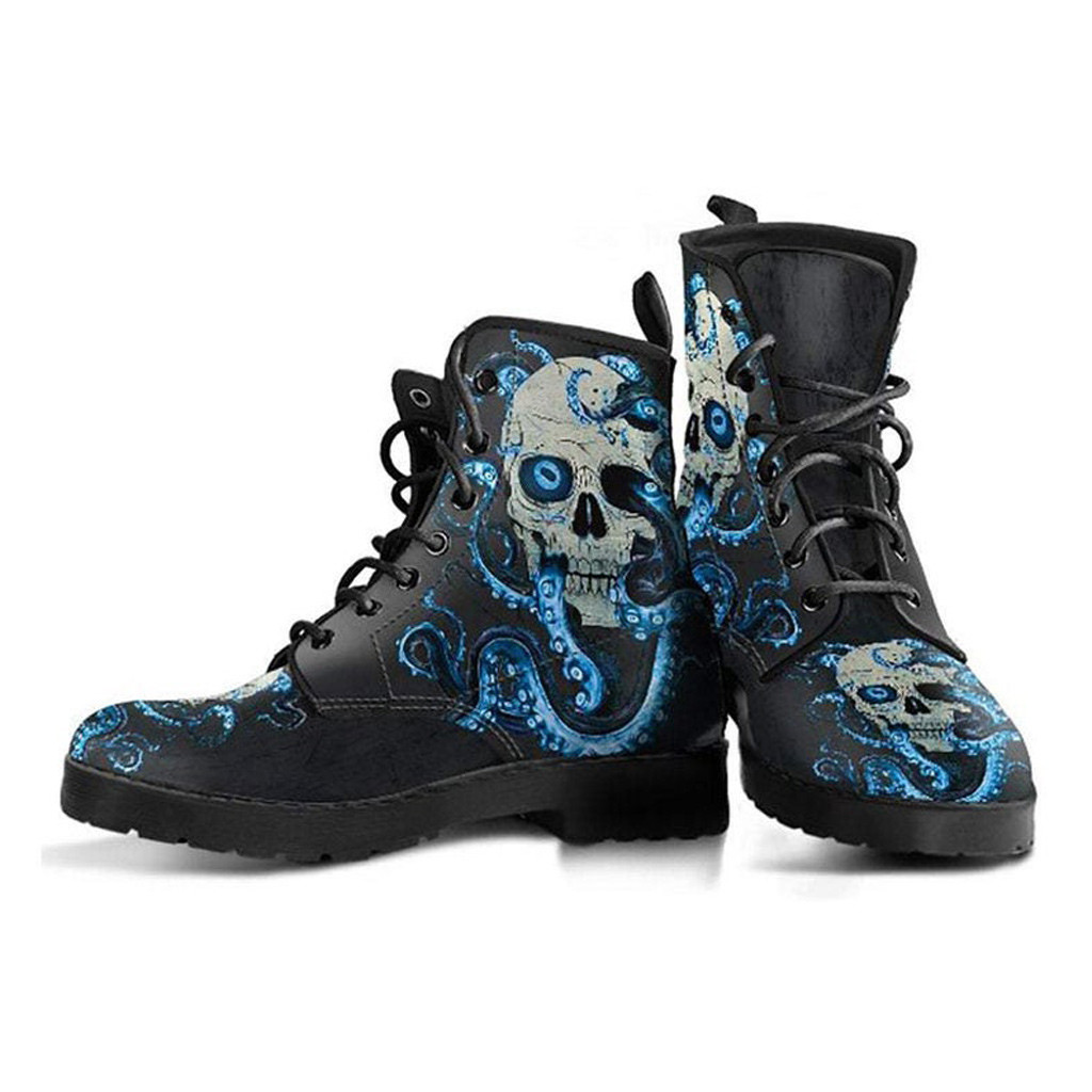 Octopus Skull Boots | Vegan Leather Lace Up Printed Boots For Women