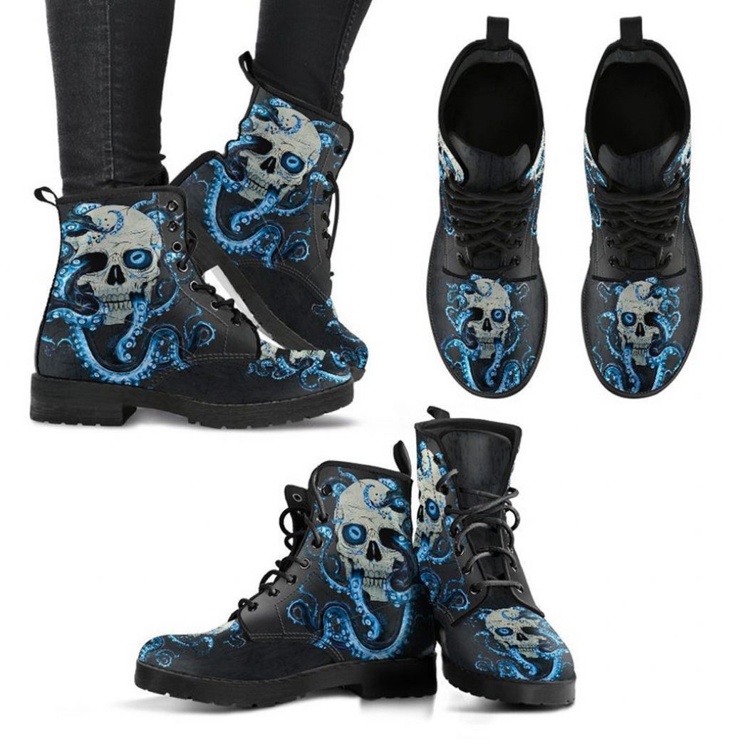 Octopus Skull Boots | Vegan Leather Lace Up Printed Boots For Women