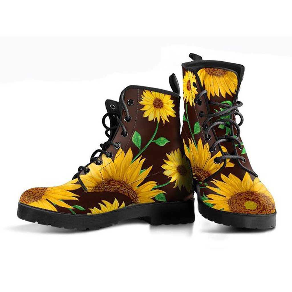 Sunflower Floral Boots | Vegan Leather Lace Up Printed Boots For Women