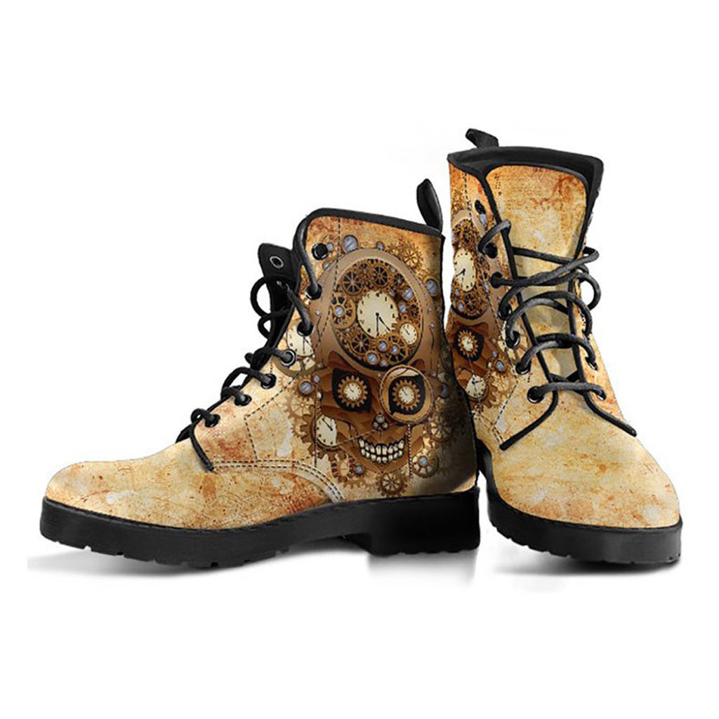 Clock Skull Steampunk Boots | Vegan Leather Lace Up Printed Boots For Women